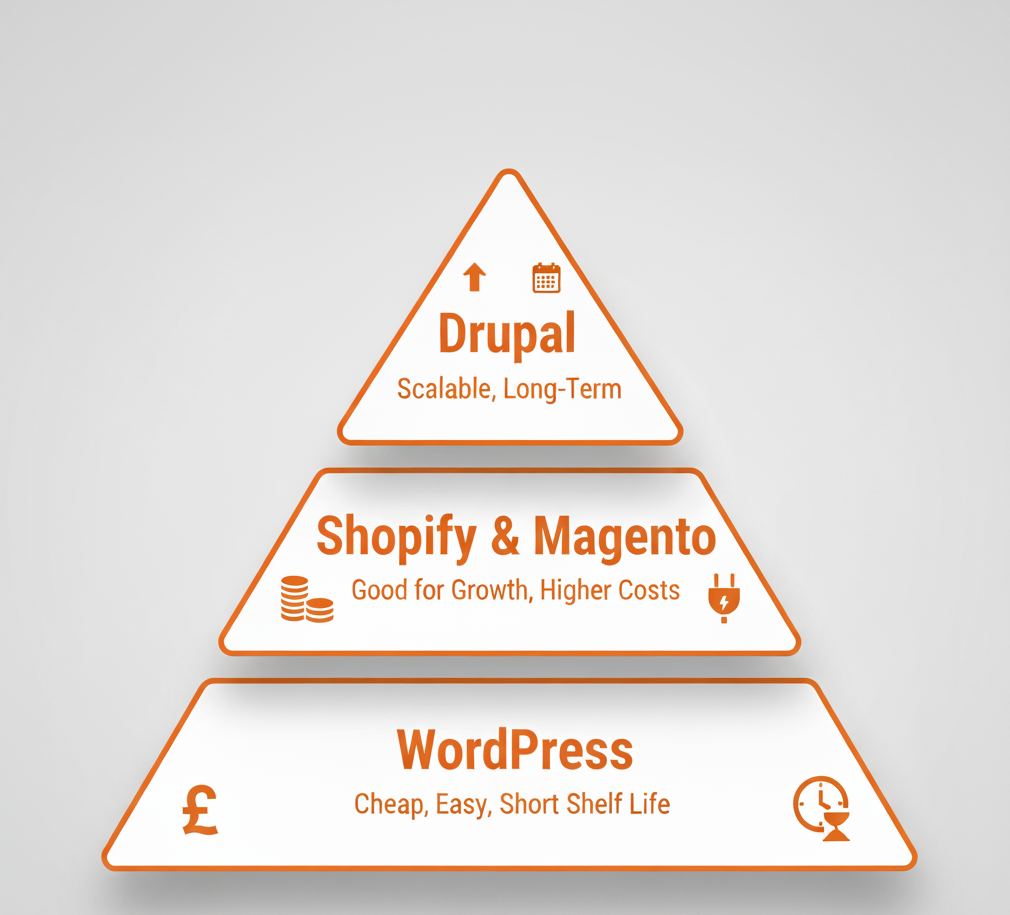 pyramid looking at drupal shopify and wordpress and there advantages