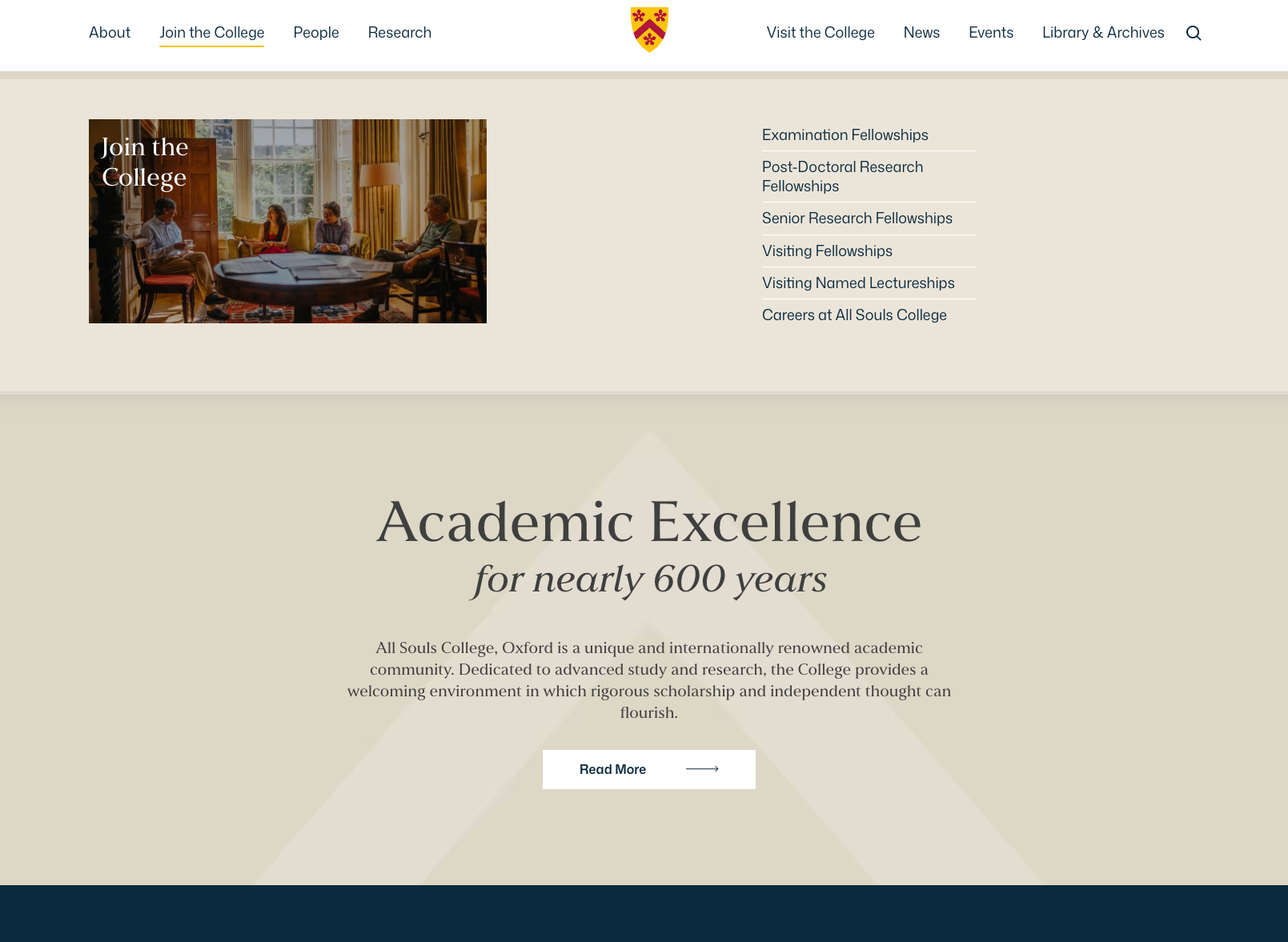 Showcasing the menu on the All Souls College website 