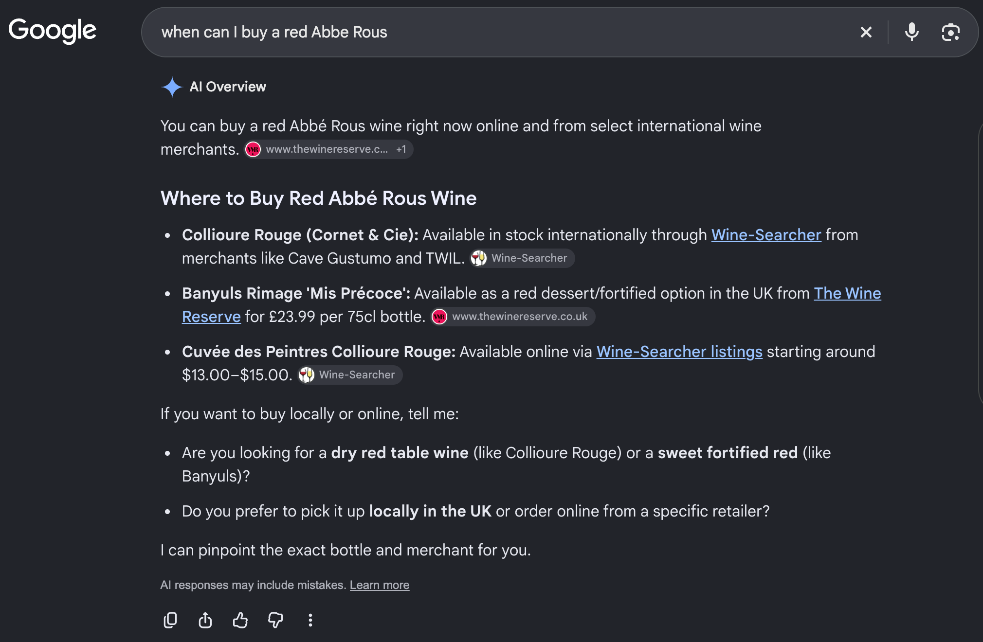 Ai overview example, where to buy red abbe rous wine