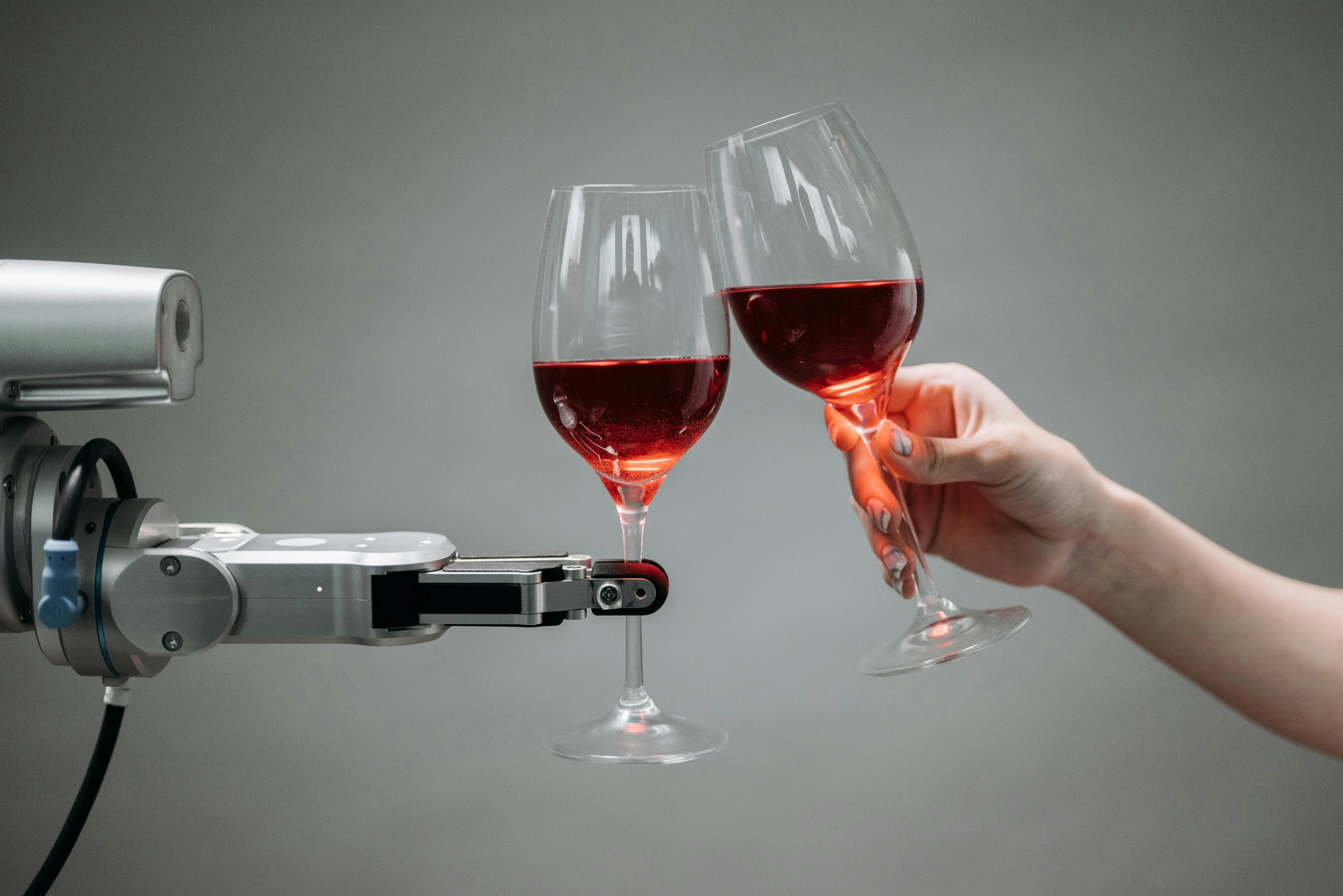 Human hand holding a wine glass and cheersing a robot holding a wine glass