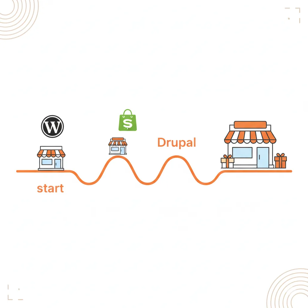 workflow of a business journey from start to finish when they could use  wordpress shopify or drupal 