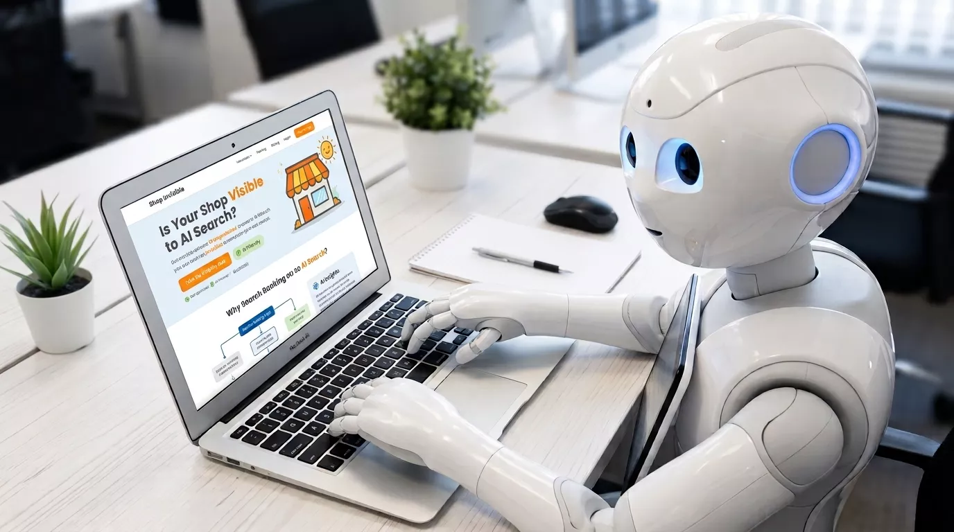 Robot on a laptop searching the web for content