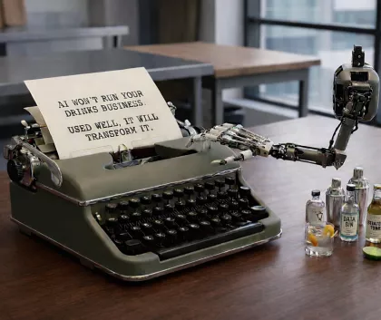 typewriter on a table with a few drinks bottle the piece of paper on the typewriter says the title of the blog