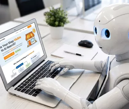 Robot on a laptop searching the web for content